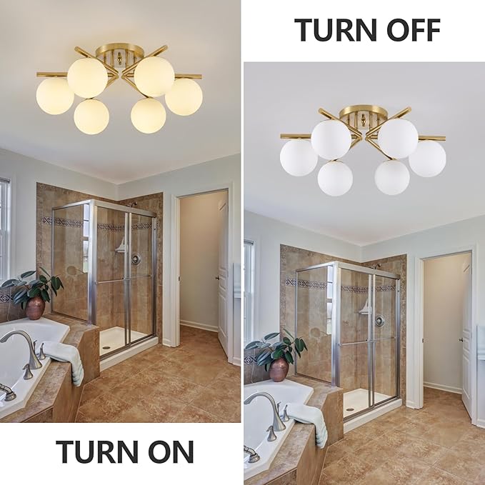 6 Lights Sputnik Ceiling Light Fixture,Semi Flush Mount Ceiling Light Sputnik with Milk Glass Globe, Brushed Brass Chandelier for Living Room, 25.98‘’ Large Mid Century Modern Fixture