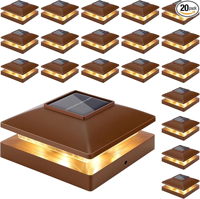 Solar Post Cap Lights Outdoor 20pack, Waterproof Solar Powered Deck Fence Post Lights Fit 4x4 Wood/Vinyl Posts, Bright Warm White Solar Post Lights Decorate Deck, Patio, Porch, Fence(Brown)