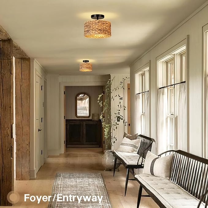 Boho Light Fixtures,11.8'' Rattan Semi Flush Mount Ceiling Lights Fixture，Farmhouse Drum Ceiling Light for Hallway Bedroom Kitchen Nursery Entryway