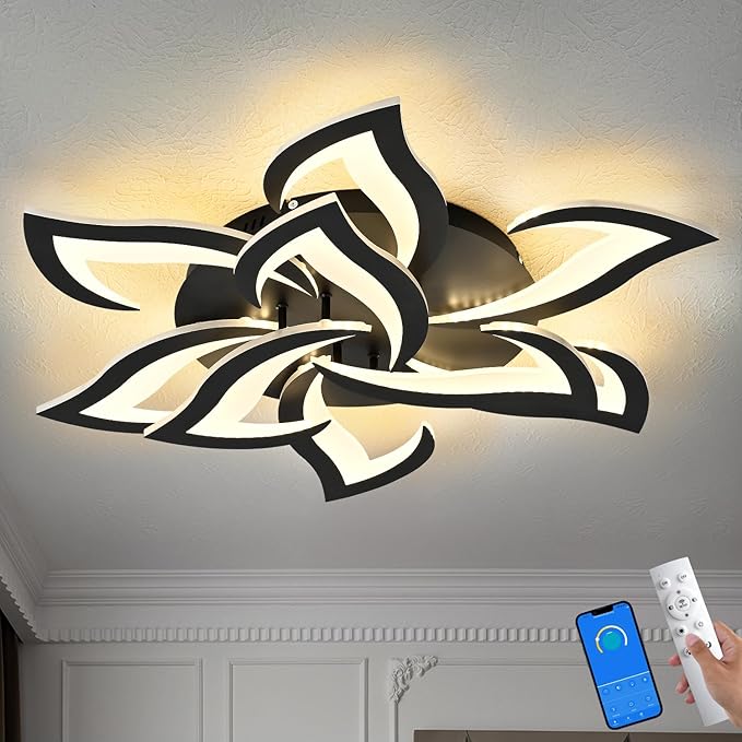 Modern Ceiling Light with APP & Remote Control, Dimmable LED Flush Mount Chandelier with 3-Color Temperatures, Black Acrylic Flower Ceiling Light Fixture for Living Room Dining Room Bedroom Kitchen