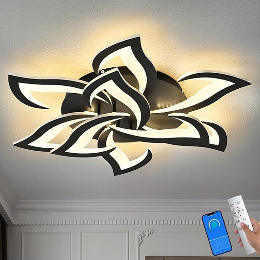 Modern Ceiling Light with APP & Remote Control, Dimmable LED Flush Mount Chandelier with 3-Color Temperatures, Black Acrylic Flower Ceiling Light Fixture for Living Room Dining Room Bedroom Kitchen