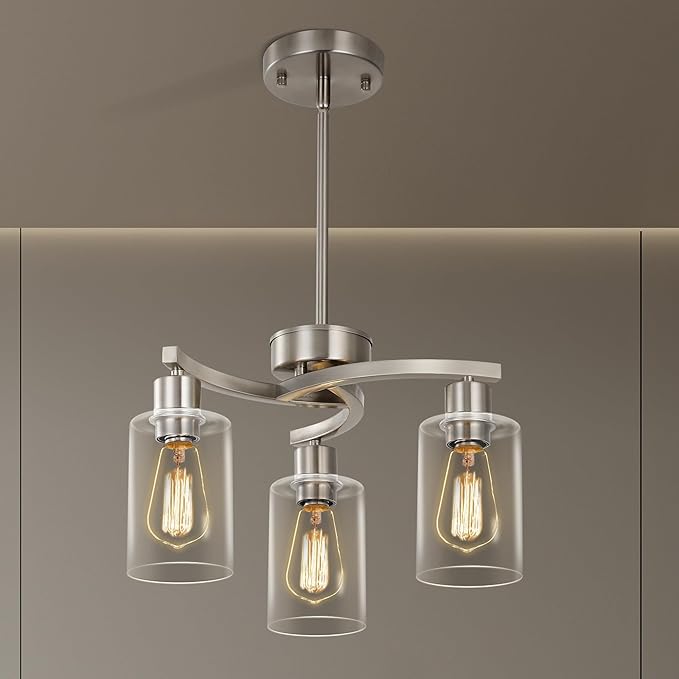 3 Light Brushed Nickel Modern Pendant Light, 16.5" Kitchen Island Lighting with Clear Glass Shade, Adjustable Dining Room Chandelier Over Table, Farmhouse Industrial Hanging Fixture