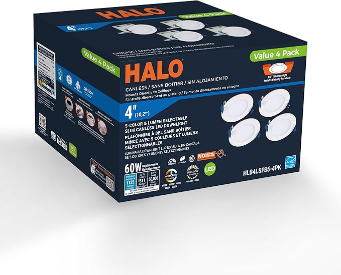 HALO HLB 4 inch LED Recessed Ceiling Light Canless Dimmable with Selectable Lumens and Selectable Color 27/30/35/40/5000K 4-Pack Wet Location Indoor Outdoor Soffit Lighting HLB4LSFS5-4PK