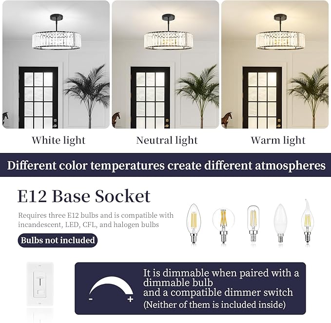 4-Light Black Crystal Chandelier for Dining Room,Modern Semi Flush Mount Ceiling Lighting Fixtures,Round Kitchen Hanging Drum Pendant Lights for Living Room Bedroom Foyer， 16 Inch