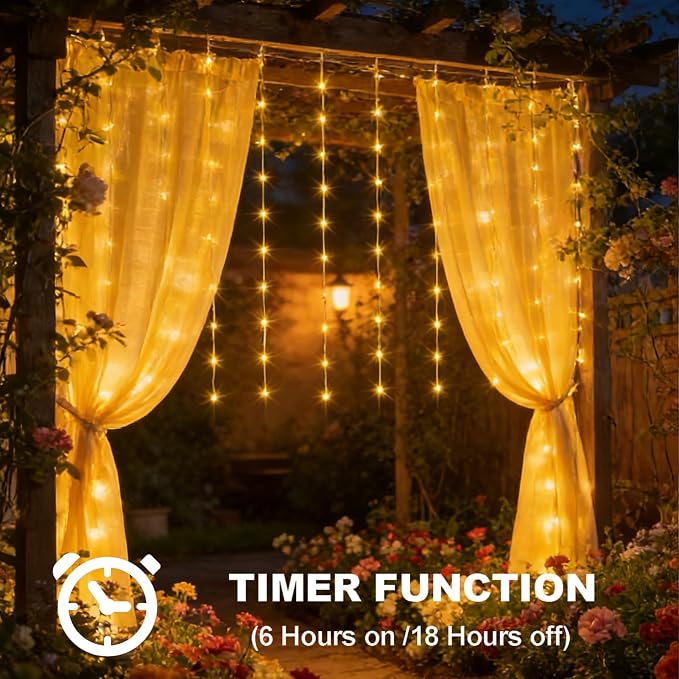 DBFAIRY Solar Curtain Lights 200 LED Outdoor Curtain Lights Waterproof | 13 x 3.9ft Solar Twinkle Curtain Lights with Remote Timer Dimmable for Garden Party Wedding Decór, Warm White