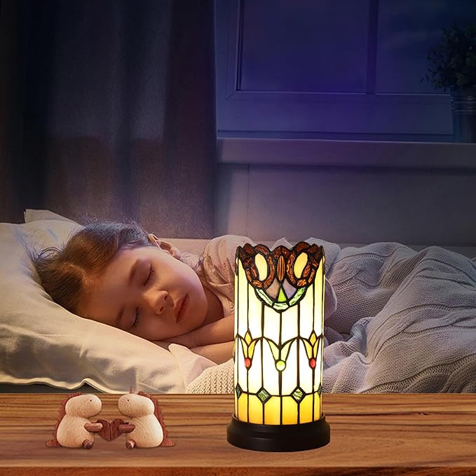 Tiffany Style Table Lamp For Bedroom Blue Dragonfly Stained Glass Nightstand Bedside Night Lamp Party Light Hand-made Art Home Deco Christmas Gifts 2 LED Bulbs (3 Color Temperatures+Flame Bulb)