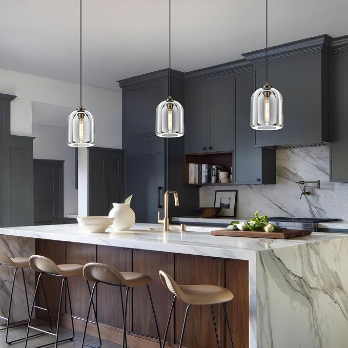 Crystal Pendant Light Kitchen Island: Set of 2 Vintage Brass Hanging Lights above Dining Table - 5.1" K9 Crystals Lighting over Kitchen Sink - Luxury Cylinder Pendants Light Fixtures Bulbs Included
