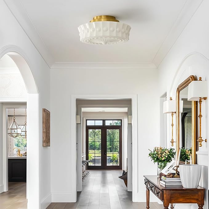14inch Semi Flush Mount Ceiling Light Milk Glass Ceiling Light Fixture Mid Century Vintage Light Fixtures for Kitchen Hallway Restaurant Bedroom and Schoolhouse(White)