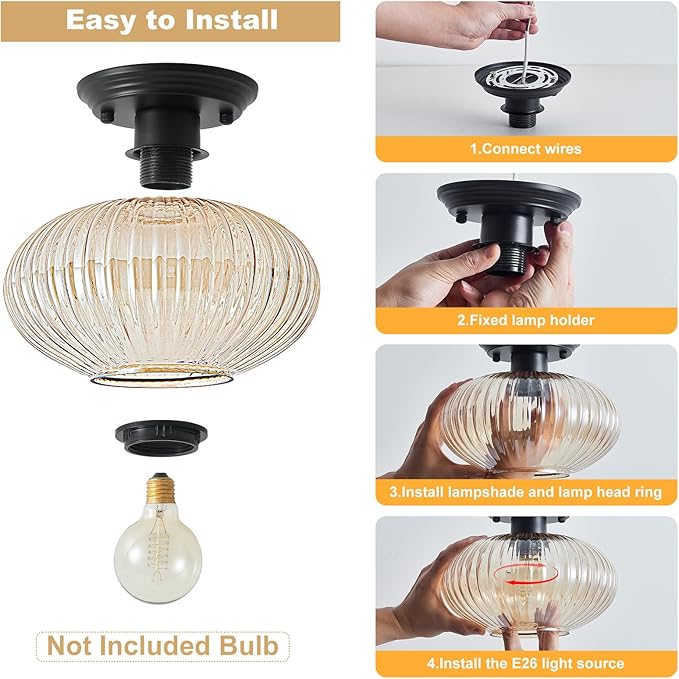 Semi Flush Mount Ceiling Light, Black Vintage Kitchen Ceiling Lights, Amber Striped Glass Close to Ceiling Light Fixtures for Living Room, Hallway, Bedroom