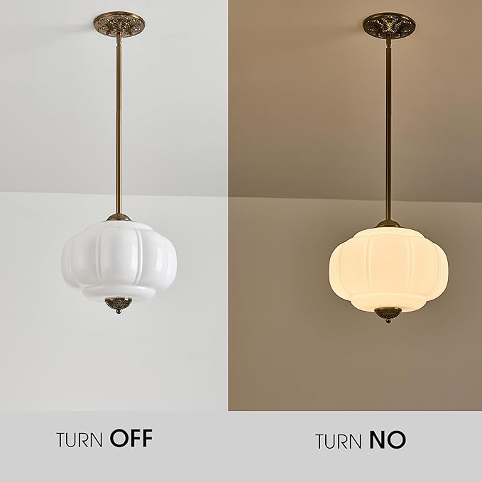 Milk Glass Ceiling Light Fixture, 12" Vintage Semi Flush Mount Pendant Light with Antique Brass Finish, Schoolhouse Light Fixture - Antique Chandelier for Kitchen, Hallway, Dining Room