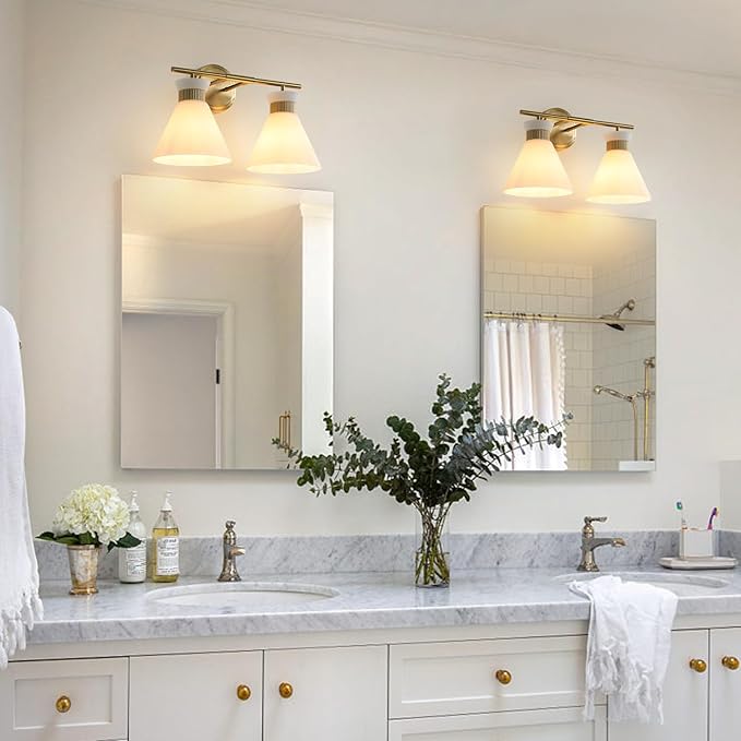 WOSHITU Gold Bathroom Light Fixtures: Modern Vanity Lighting Fixtures 2 Lights for Bathroom Mid Century Vanity Light Sconces Over Mirror with Frosted Milky Glass for Bath Bedroom Makeup