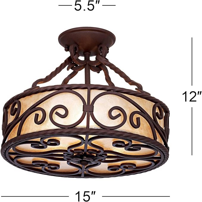 John Timberland Natural Mica Collection Rustic Ceiling Light Semi-Flush Mount Fixture Deep Walnut Scroll 15" Wide Drum Shade for House Bedroom Hallway Living Room Bathroom Dining Kitchen