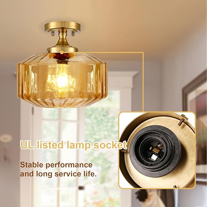 2 Pack Flush Mount Light Fixture Glass Globe Ceiling Light Amber Striped Glass Shade Gold Indoor Semi Flush Mount Chandelier Ceiling Light for Hallway, Kitchen, Entryway, Bedroom