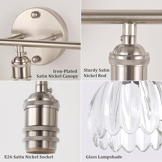 Shenmoyl Bathroom Light Fixtures, 3-Light Vanity wall Light Over Mirror with Clear Tulip Glass Shade for Bedroom Living Room (Bulb Not Included), Satin Nickel