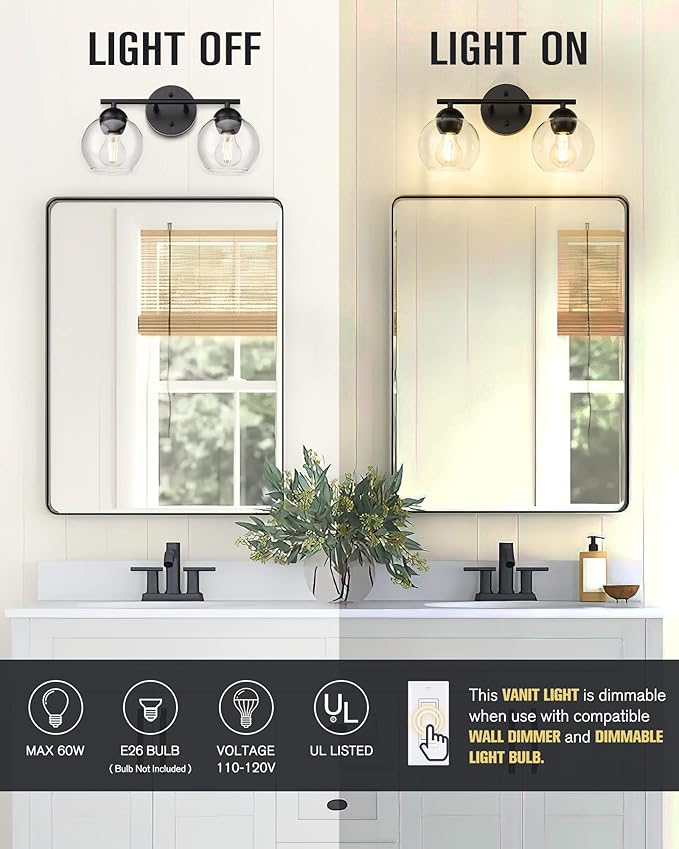 Emak 2-Light Black Bathroom Light Fixtures Over Mirror, Globe Bathroom Vanity Lights with Clear Glass Shade, VL114-BKL-2