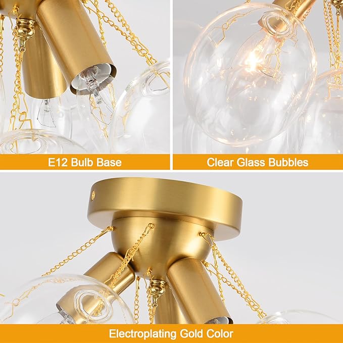 Bubble Chandelier Bubble Ceiling Light 17.7in Semi Flush Mount Chandelier Blown Glass Mid Century Close to Ceiling Light Fixture for Bedroom Hallway Entryway Kitchen Foryer Dining Room