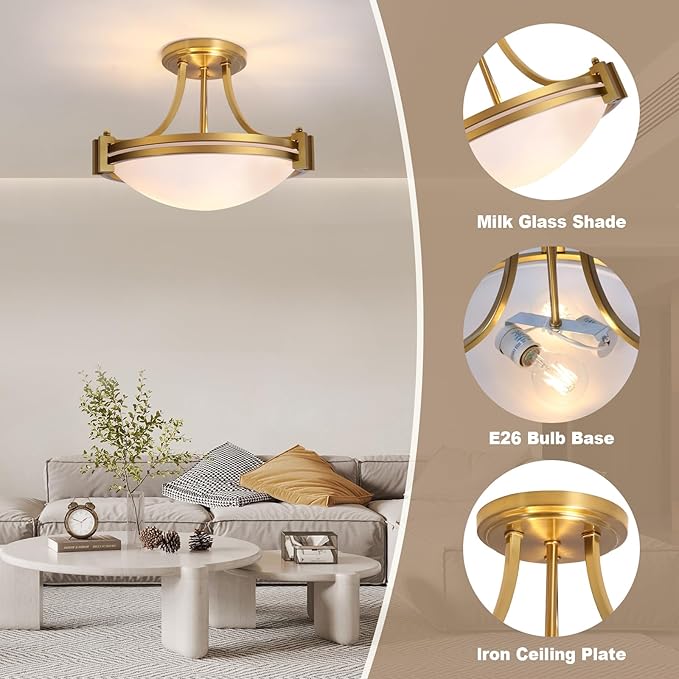 Bektas Semi Flush Mount Ceiling Light Fixture 12inch Brushed Gold Light Fixture with Milk Glass for Bedroom Kitchen Bathroom Hallway Foyer Dinning Room Hall Entryway