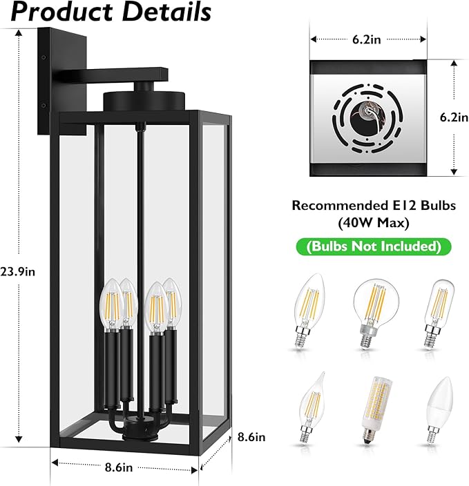 BesLowe 23.9" Extra Large Size Outdoor Wall Light Fixture, Exterior Lighting Fixture Porch Sconce Wall Mounted, Waterproof Outdoor Wall Lantern, Outside Light for House Patio Front Door Garage, Black