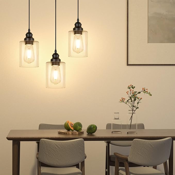Licperron 3 Pack Hanging Pendant Lighting Fixtures, Adjustable Black Hanging Ceiling Lamp with Clear Glass Shade, Modern Pendant Light for Kitchen Island, Dining Room, Bedroom, Hallway