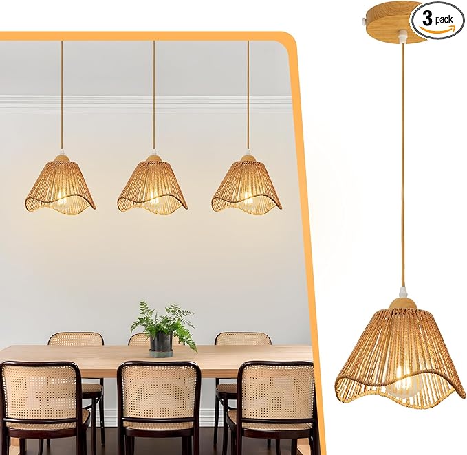 3 Pack Wave Rattan Chandelier Pendant Lights Kitchen Island,Farmhouse Boho Chandeliers Adjustable Height Hanging lamp for Dining Room,Kitchen Ceiling Light Fixtures Hand Woven Wicker Lampshade