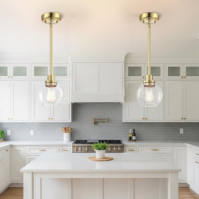 gernehop 2 Pack Globe Pendant Light Gold Mid Century Modern Light Fixture, Clear Glass Pendant Lights Kitchen Island Pendant Lights Brushed Brass Finished with Clear Glass Lampshade