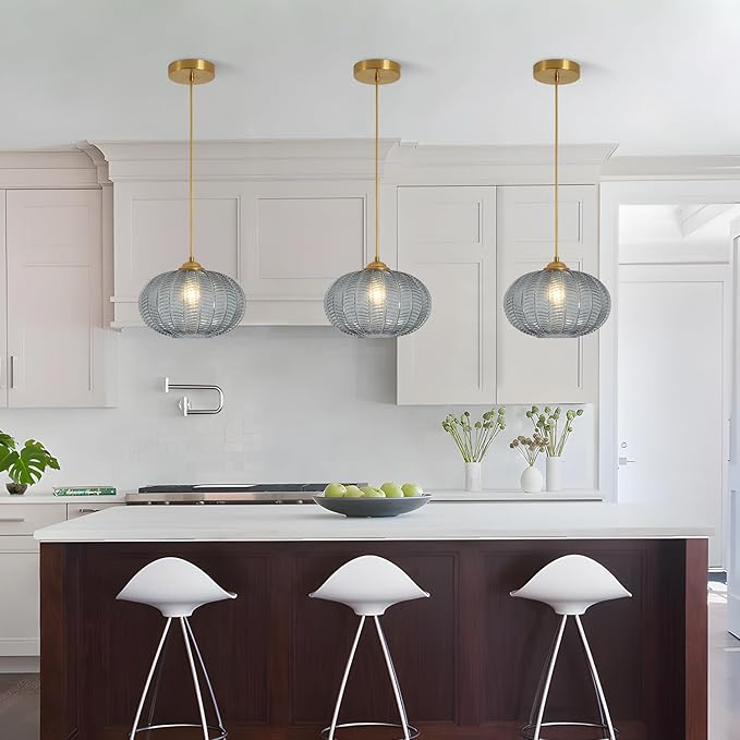 KCO Lighting Large Glass Pendant Lights Kitchen Island Brass Gold Pendant Light Gold Globe Hanging Light Smoked Striped Glass Pendant Light Mid Century Modern Dining Room Light Fixture