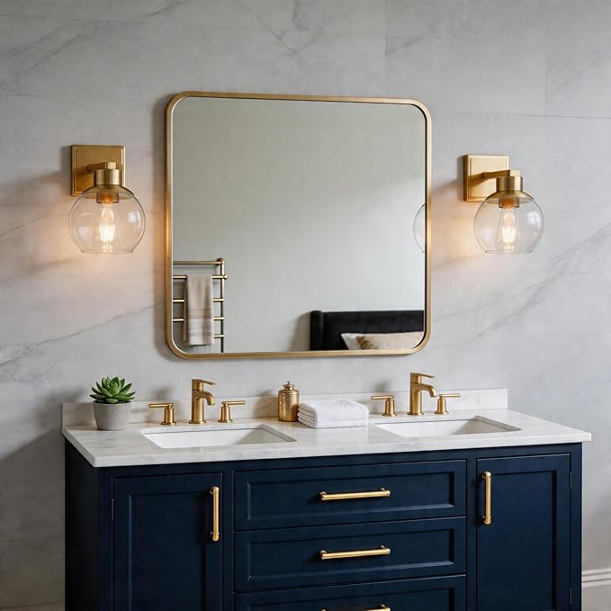 Brushed Brass Bathroom Sconces Set of 2, Gold Wall Sconces Set of Two, Bathroom Vanity Light with Clear Glass Shade, Modern Wall Light Fixtures for Bath Mirror Hallway Bedroom Living Room, Hardwired