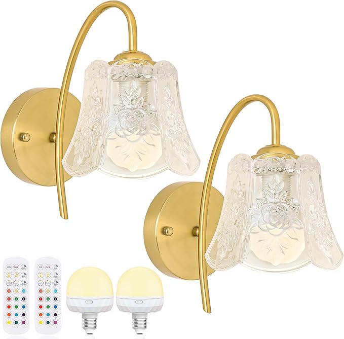 Wireless Wall Sconce with Flower lampshade, Battery Operated Wall Lights,Wall lamp with 15 Colors for Bedroom Living Room Home Decor (Clear Flower, 2 Light Battery Operated)