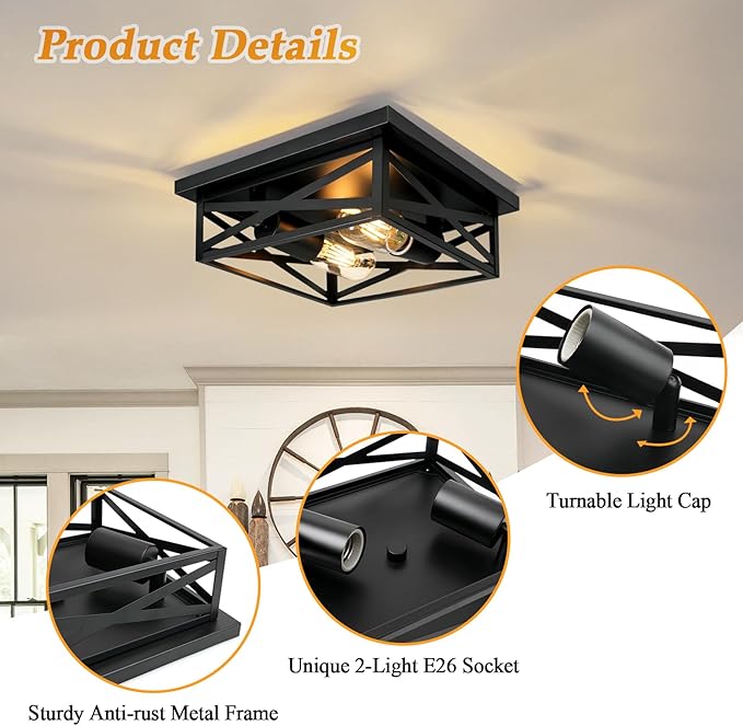 2-Light Flush Mount Ceiling Light Fixture, Square Farmhouse Ceiling Lights for Kitchen, Modern Black Close to Ceiling Light for Hallway Bedroom Balcony Porch Stairway, E26, (2 Pack)