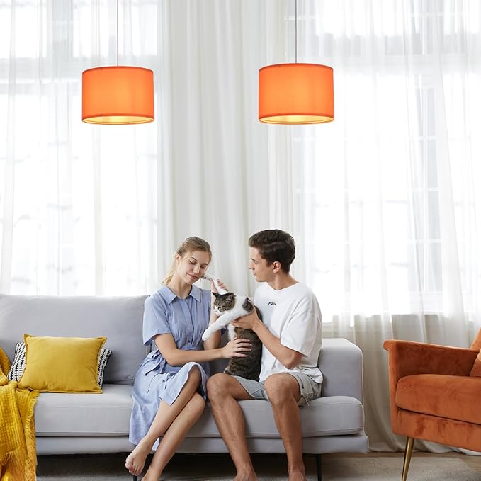 2 Pack Plug in Pendant Light, Hanging Light with 15Ft Clear Cord, On/Off Switch, Dark Orange Fabric Lamp Shade, Hanging Light Fixture for Bedroom, Kitchen