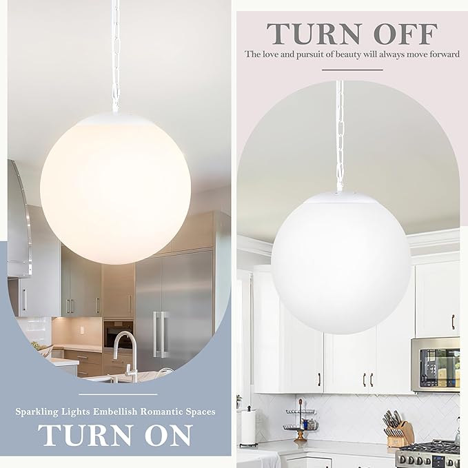 KoKo&Yukina 14 Inch Globe Pendant Light Adjustable White Globe Pendant Lights Kitchen Island Mid Century Light Fixture with Milky White Glass Shade for Living Room