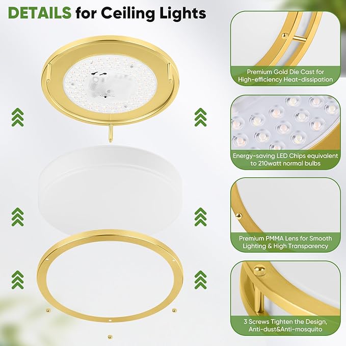 10 Inch LED Flush Mount Ceiling Lights, Gold Kitchen Lighting Fixtures with 2700K/3000K/4000K/5000K/6500K 5 Color Adjusted, Dimmable Modern Round LED Lights for Bedroom Living Room Laundry, 2-Pack