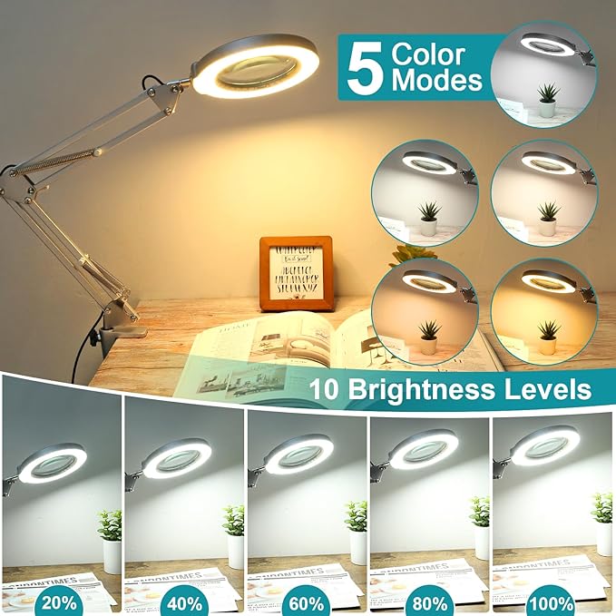 10X Magnifying Glass with Light and Stand, 2-in-1 Desk Lamp & Clamp Light, 5 Color Modes, Brightness Stepless Dimmable LED Lighted Magnifier Hands Free, Magnifier Lamp for Crafts - White