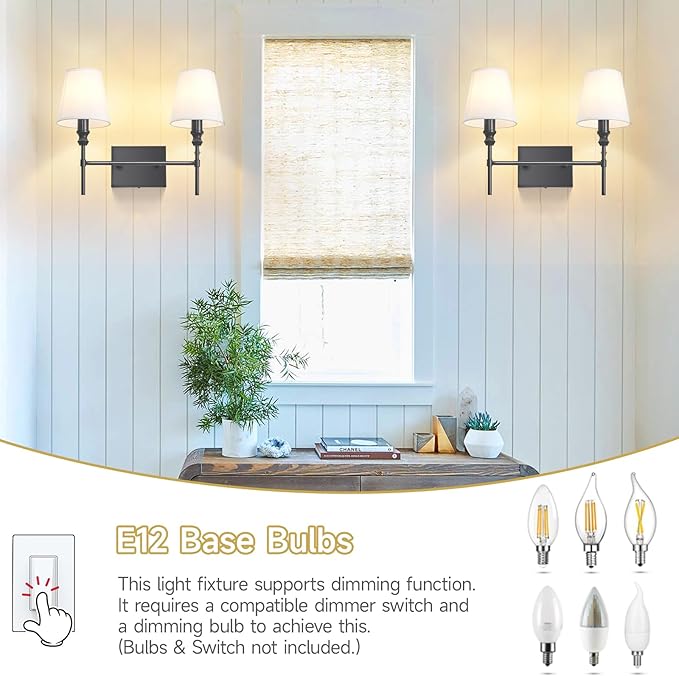Bathroom Vanity Light,Vintage Bathroom Lighting Fixture Over Mirror,2-Light Black Vanity Light,Double Wall Sconce With Flared White Fabric Lampshade For Bedroom,Living Room,Hardwired, E12 Base