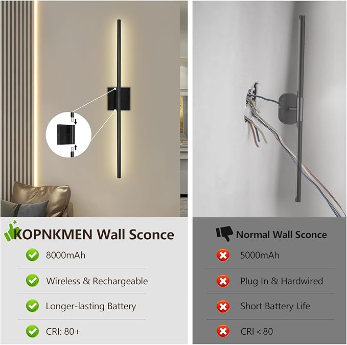 Battery Operated Wall Sconces Set of Two - Wireless Rechargeable Wall Light with Remote - Black LED Wall Lamp Dimmable Modern Home Decor for Bedroom Living Room 31.5 Inch (2 Pack)