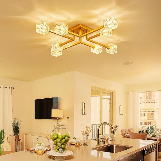 XINGQI Modern Ceiling Light 8 Lights Industry Semi Flush Mount Ceiling Light Fixture, Antique Gold Sputnik Chandeliers Mid Century for Bedroom, Dining Room, Farmhouse Kitchen, Office