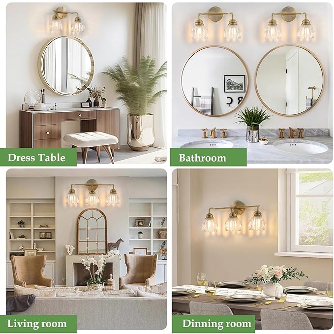 3 Light Vintage Bathroom Light Fixtures, Gold Bathroom Vanity Light, Brass Finish with Clear Tulip Glass Shade, Wall Lighting for Bedroom, Living Room, Hallway,E26 Base