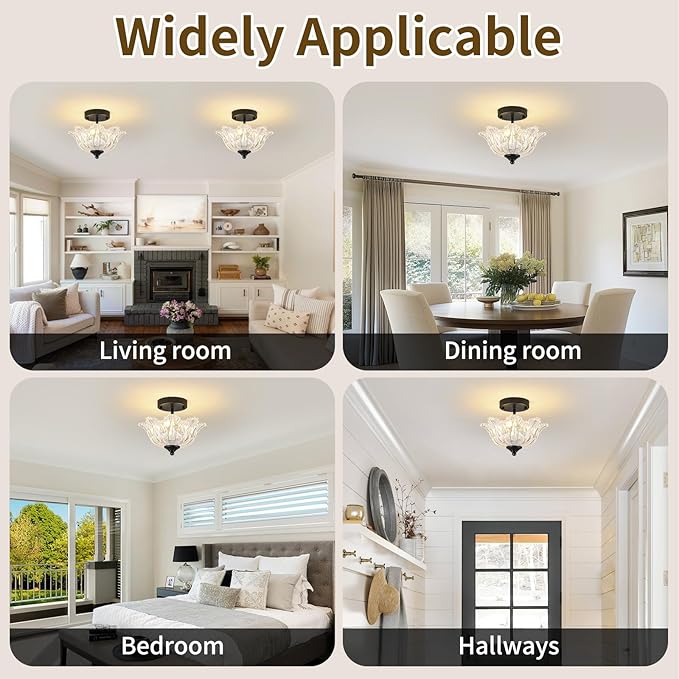 Semi Flush Mount Ceiling Light, Black Light fixtures with Floral Clear Glass Shade, Modern Close-to-Ceiling Lighting for Bedroom Kitchen Living Room Hallway