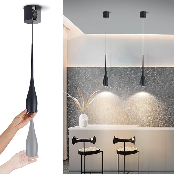 Black Pendant Light for Kitchen Island, LED Dimmable Pendant Light fixtures, Small Modern Industrial Adjustable Cord Hanging Pendant Light for Over Sink, Bar, Dining Room, Bedside
