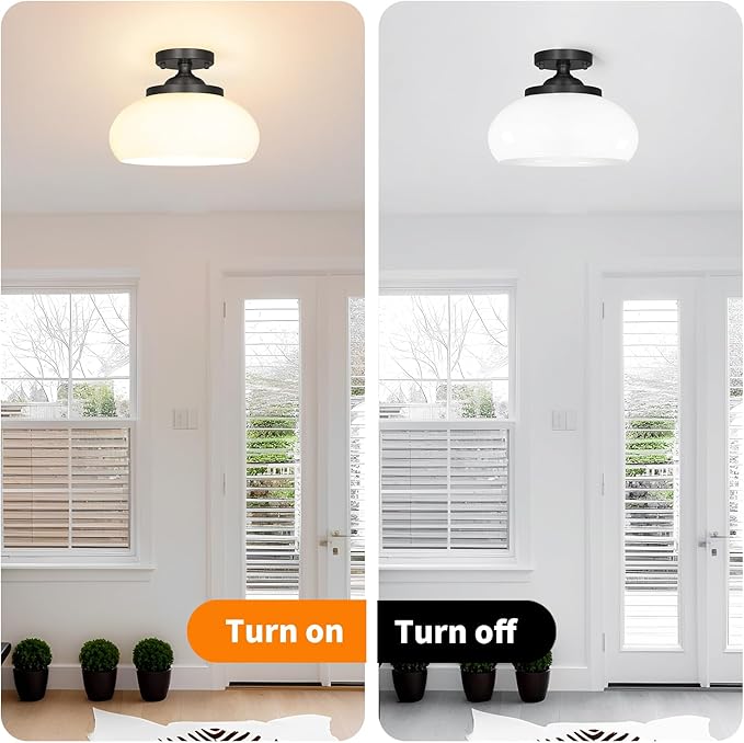 Black Semi Flush Mount Ceiling Light - Entryway Light Fixture with Triple E12 Sockets - 12" Diameter Milk White Glass Shade for Soft, Uniform Lighting - Easy Mount Installation for Any Room