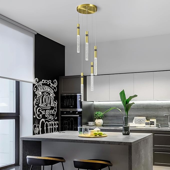 Pendant Lights Kitchen Island Light Fixtures Dimmable LED Modern Pendant Light with Bubble Crystal Pendant Lighting for Kitchen Bedroom Hallway Entryway (Gold 5-Light)