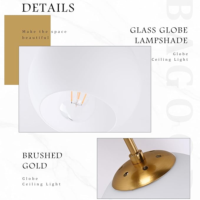 Gold Semi Flush Mount Ceiling Light Fixture Milk Glass Light Fixture Mid Century Flush Mount Ceiling Lights Brass Flush Mount Ceiling Schoolhouse Lights for Dining Room(Bulb Incl.)