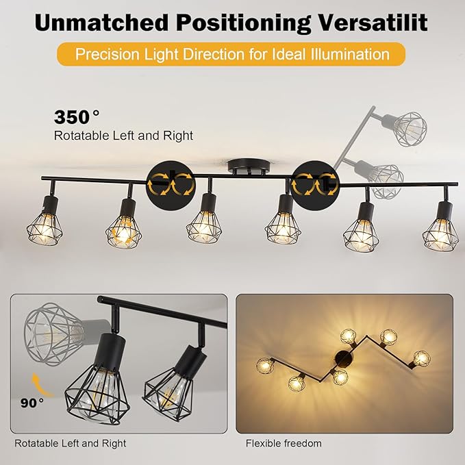 6-Light Black Track Lighting Fixtures Ceiling Modern Farmhouse Track Lighting with Metal Cage E26 Base Kitchen Lights Fixture Flush Mount Ceiling Light Fixture for Dining Room(Bulbs Not Included)