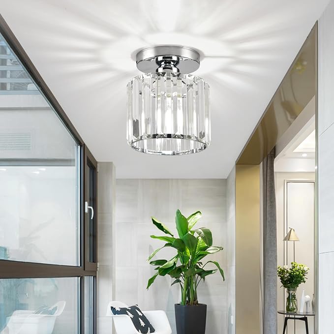 Semi Flush Mount Ceiling Light, Crystal Ceiling Light Silver Crystal Chandelier for Kitchen Hallway Entrance Balcony Dining Rooms Living Rooms Bar