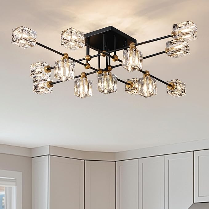 Modern Crystal Ceiling Light Fixture 13-Lights Black and Gold Semi Flush Mount Ceiling Light Farmhouse Chandeliers for Dining Room Kitchen Island Living Room Bedroom