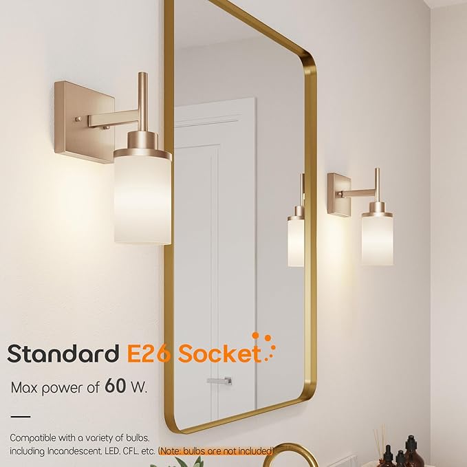 Vanity Lighting Fixtures with White Frosted Glass Champagne Bronze Wall Lamp Over Bathroom Mirror for Bedroom, Living Room, Washroom Porch T001CPG-L1