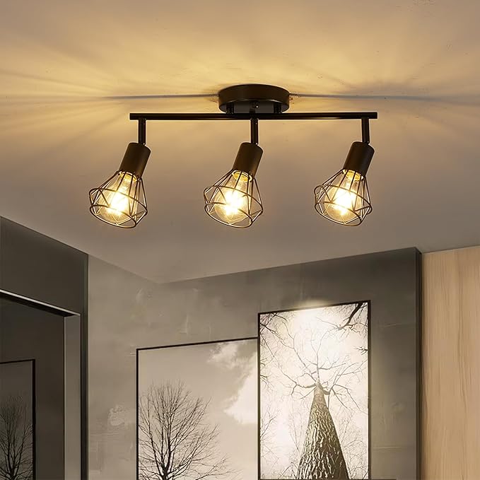 3-Lights Black Track Lighting Fixture Ceiling,Adjustable Semi Flush Mount Ceiling Light Fixture Multi-Directional Rotatable Kitchen Track Lighting Fixtures with Geometric Cages for Dining Room