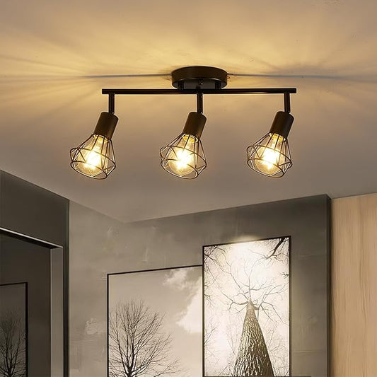 3-Lights Black Track Lighting Fixture Ceiling,Adjustable Semi Flush Mount Ceiling Light Fixture Multi-Directional Rotatable Kitchen Track Lighting Fixtures with Geometric Cages for Dining Room