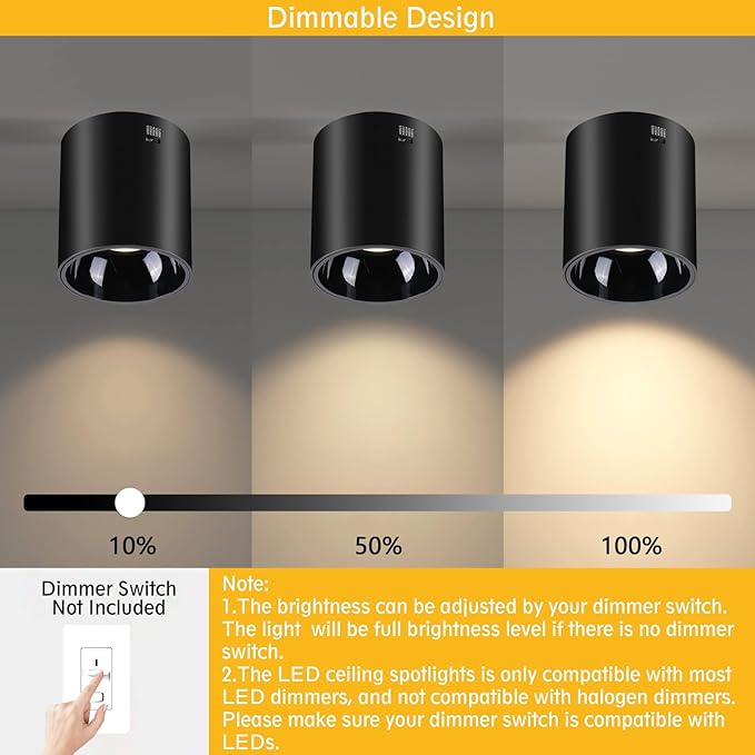 Ceiling Spot Lights Indoor 5-Color Dimmable Flush Mount Black Cylinder Down Light Modern LED Ceiling Light for Living Room Hallway Kitchen Dining Room Foyer
