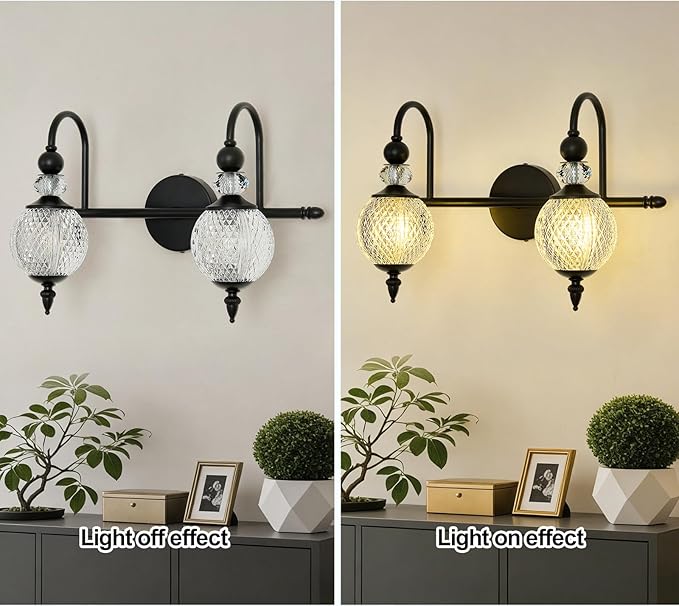 Vintage Vanity Light 2 Lights Black Bathroom Light Fixtures Over Mirror with Acrylic Globe Shade